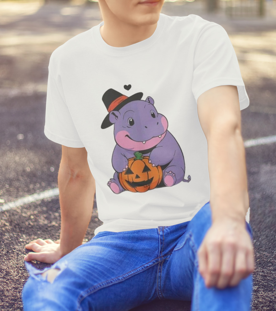 Moo Deng Halloween 2024 Purple Hippo Witch Hat Pumpkin T-Shirt