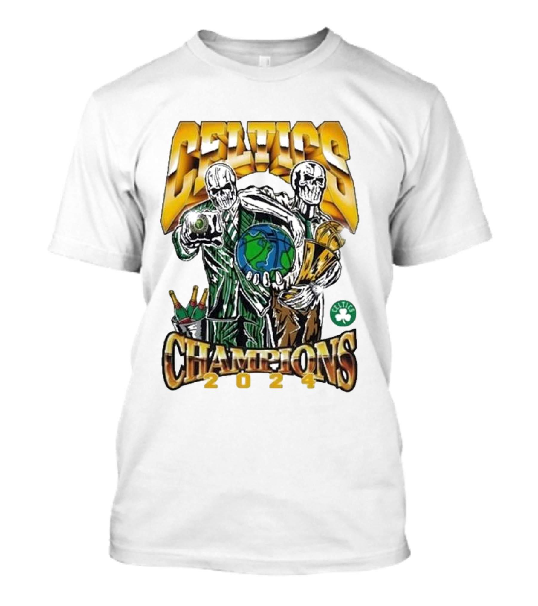 Celtics Champions 2024 Warren Lotas Skulls With Earth And Bottles T-Shirt