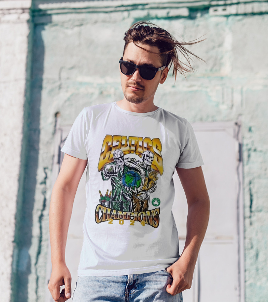 Celtics Champions 2024 Warren Lotas Skulls With Earth And Bottles T-Shirt