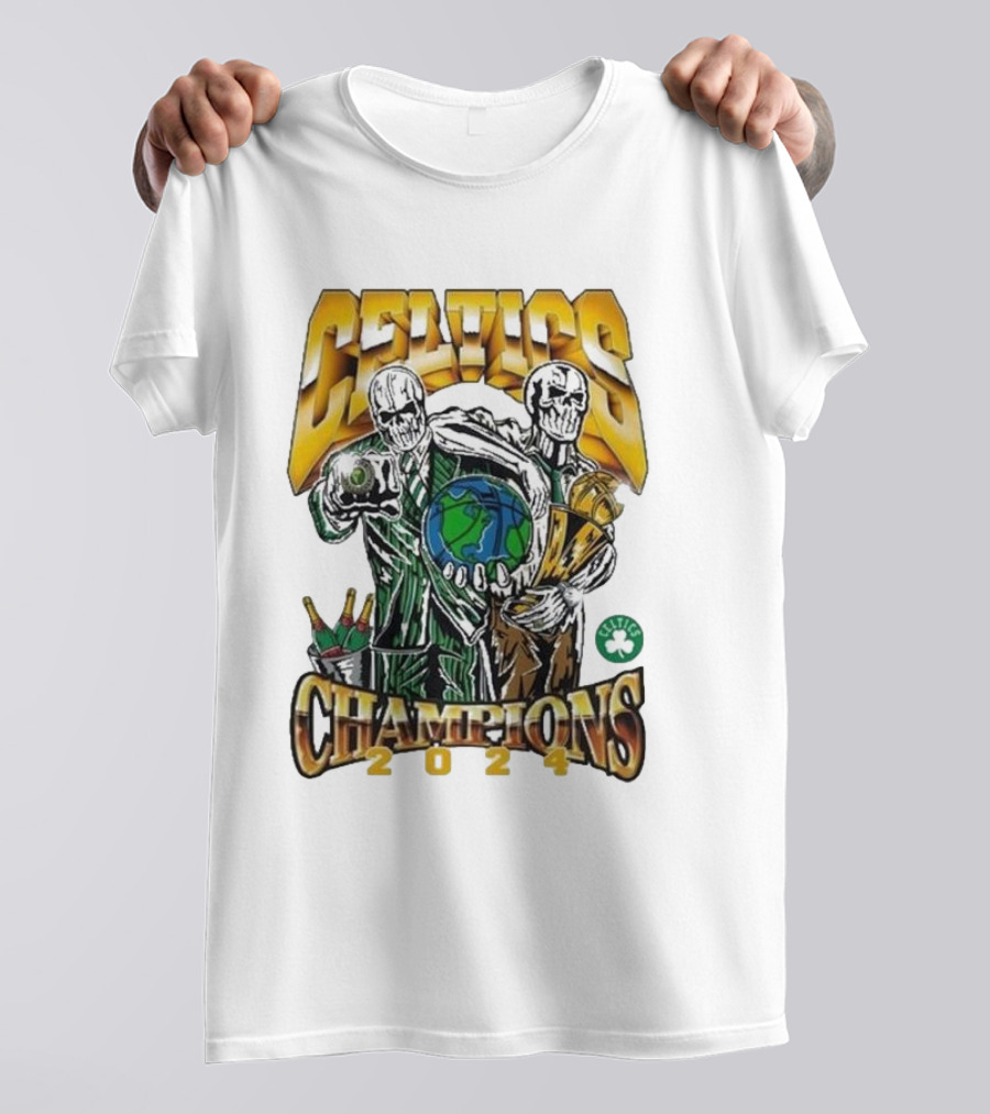 Celtics Champions 2024 Warren Lotas Skulls With Earth And Bottles T-Shirt