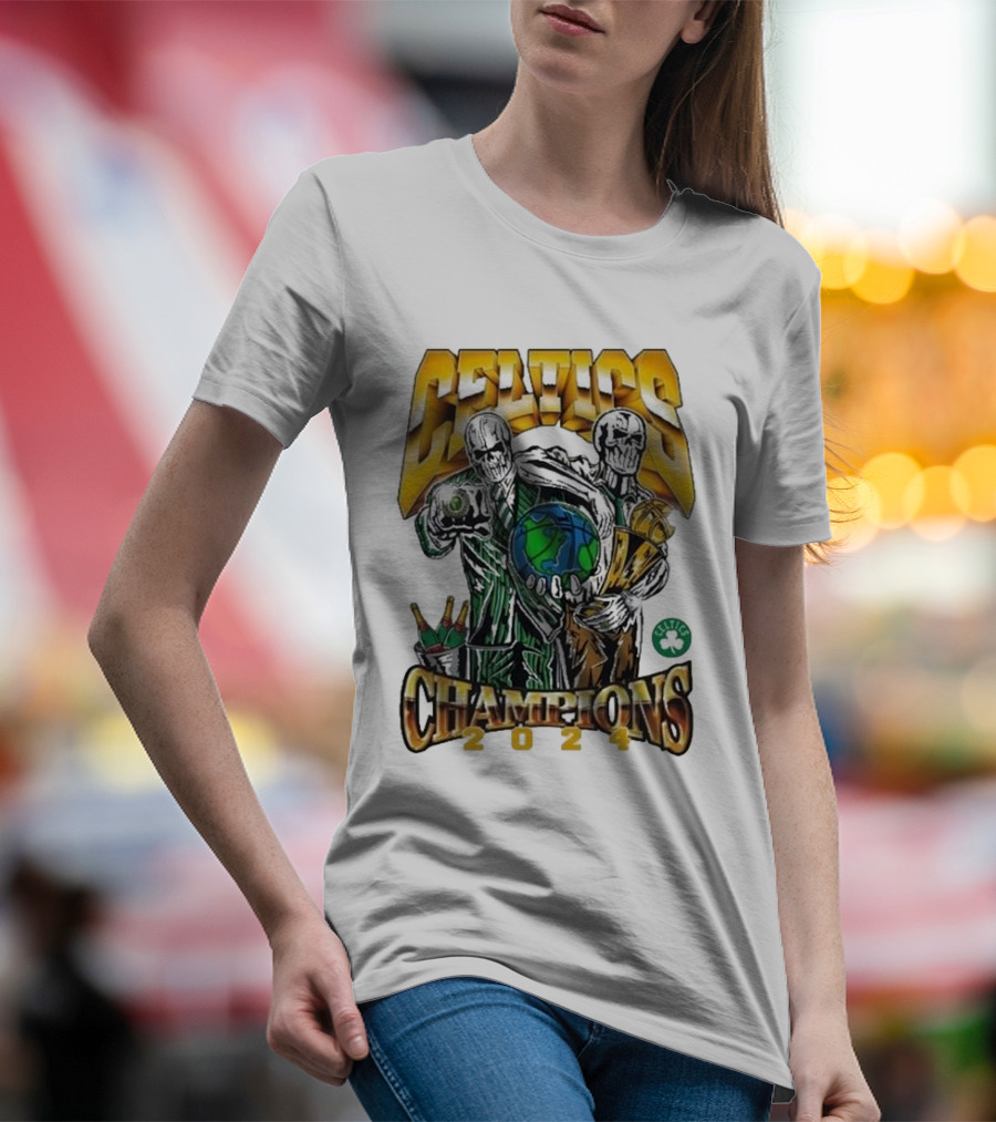Celtics Champions 2024 Warren Lotas Skulls With Earth And Bottles T-Shirt