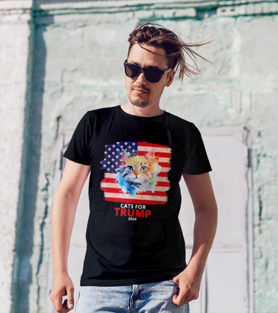 Cats For Trump 2024 Funny For Vance Trump American Flag Cat With Trump Hair T-Shirt