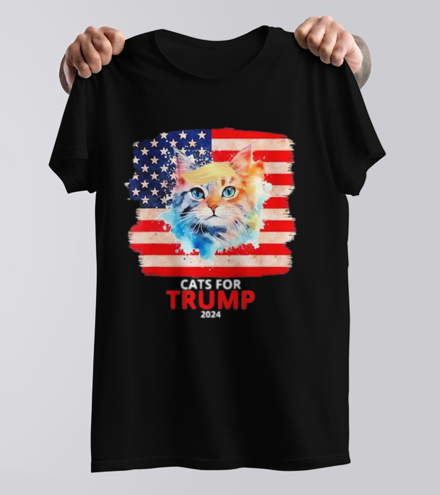 Cats For Trump 2024 Funny For Vance Trump American Flag Cat With Trump Hair T-Shirt
