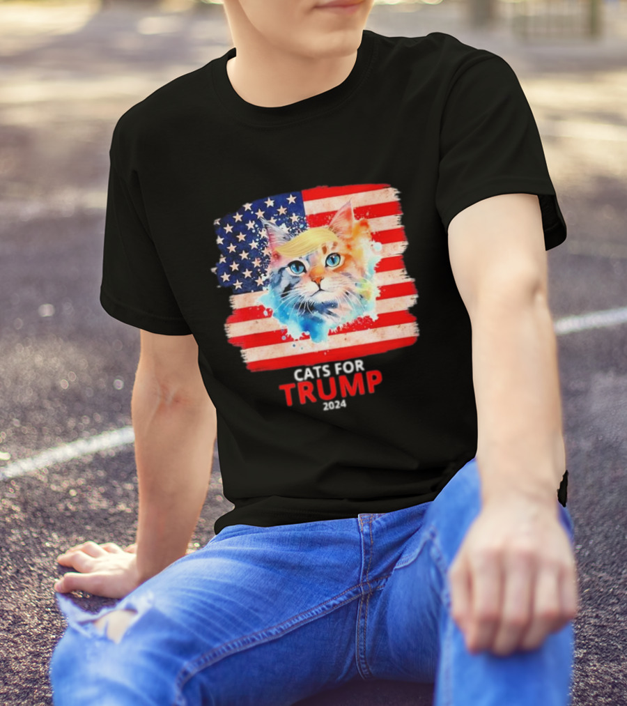 Cats For Trump 2024 Funny For Vance Trump American Flag Cat With Trump Hair T-Shirt