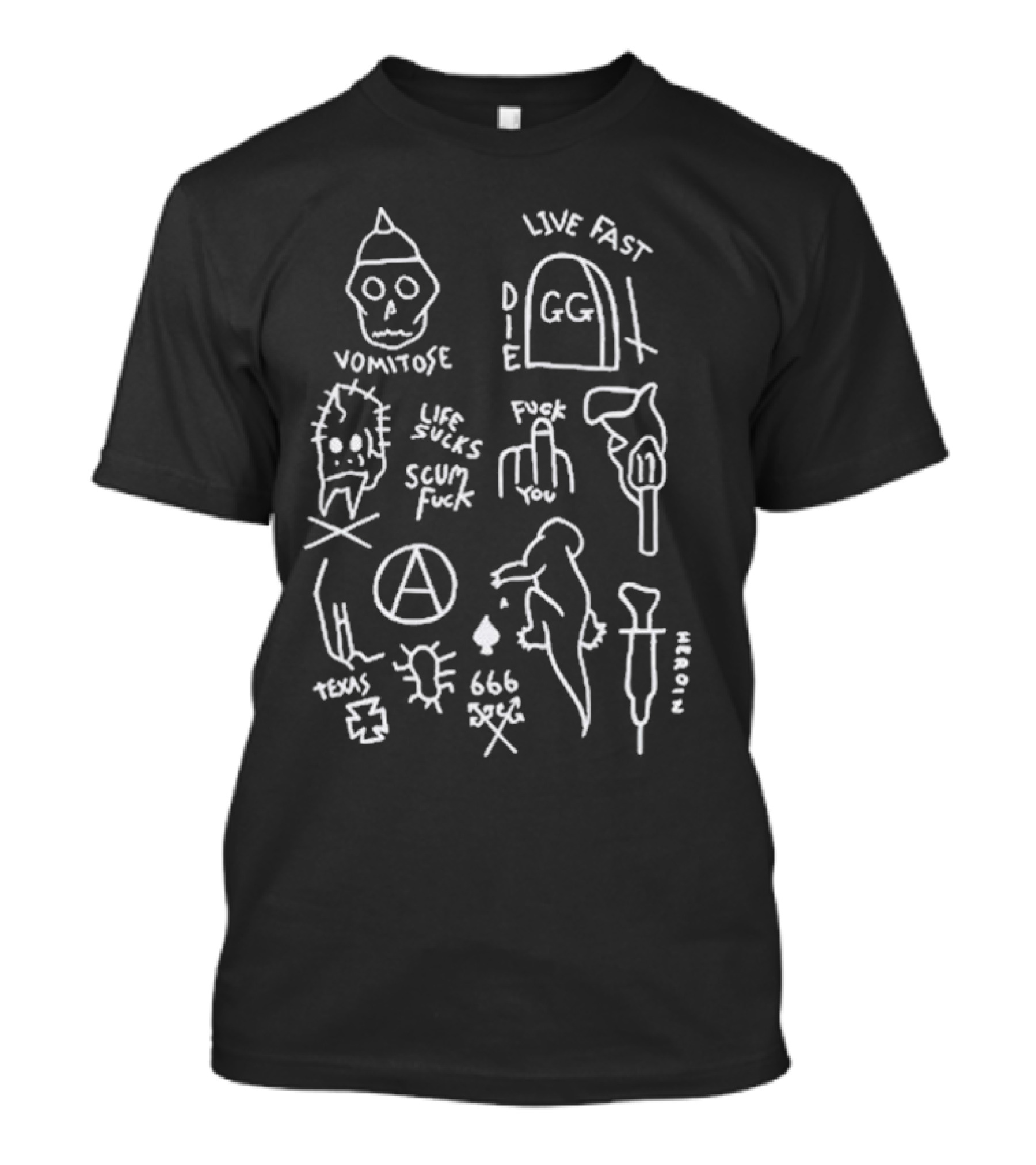 Live Fast Die GG Allin Tattoos Scum Life Sucks 666 Heroin T-Shirt