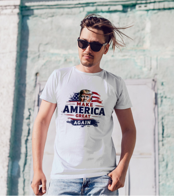 Make America Great Again Trump Face American Flag Background T-Shirt