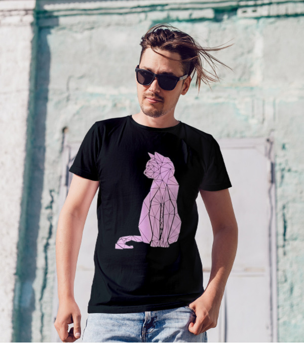 Geometric Cat Feline Pet Lover Minimalist Pink Line T-Shirt
