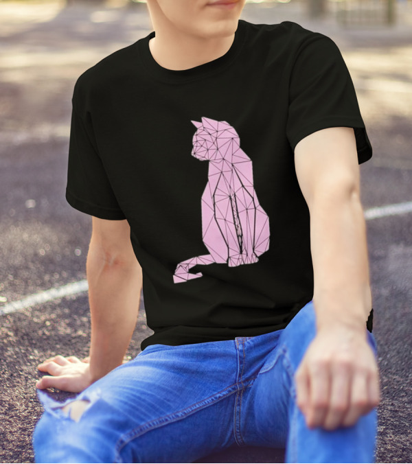 Geometric Cat Feline Pet Lover Minimalist Pink Line T-Shirt