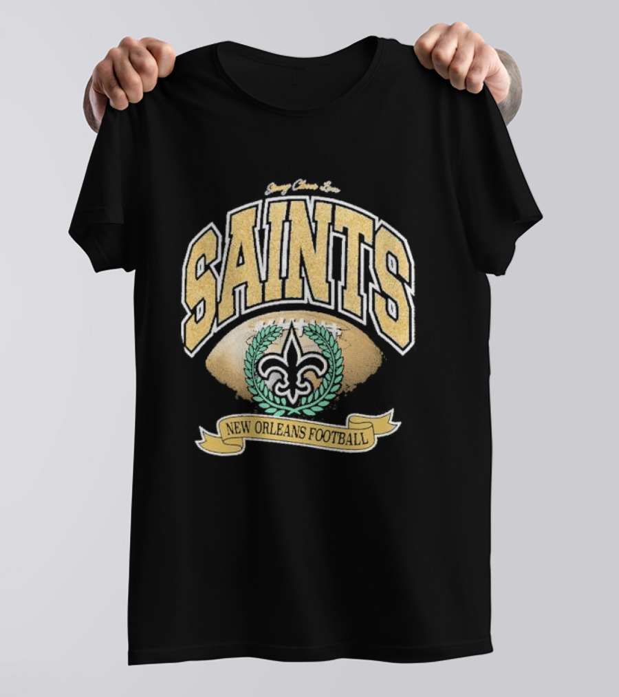 New Orleans Saints Stoney Clover Lane Black Glitter Football Retro Fleur-de-Lis T-Shirt