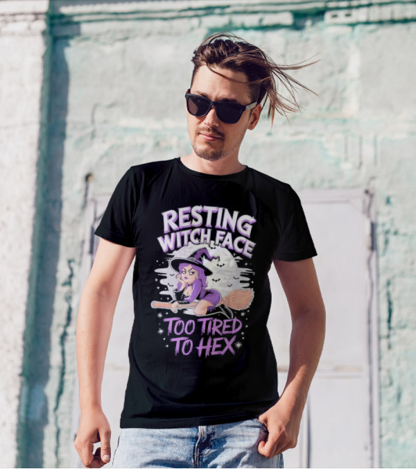 Resting Witch Face Too Tired To Hex Halloween Witch Flying Broomstick Moon Bats T-Shirt