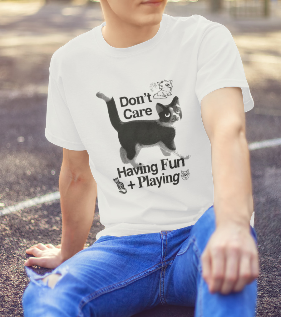 Don’t Care Having Fun Playing Cute Black Cat Sketch Art T-Shirt