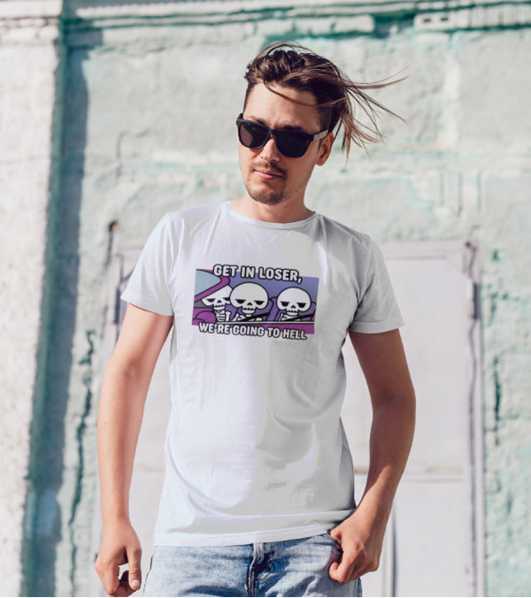 Get In Loser We’re Going To Hell Skeletons Driving Vintage Car T-Shirt