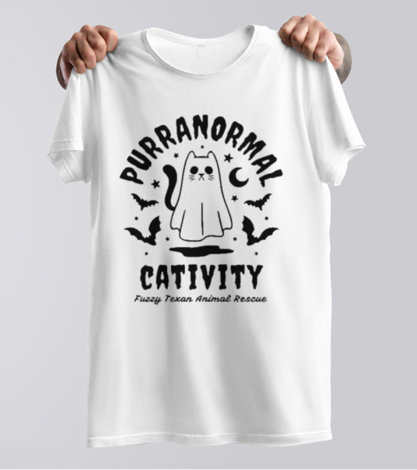 Purranormal Cativity Ghost Cat Halloween Fuzzy Texan Animal Rescue T-Shirt