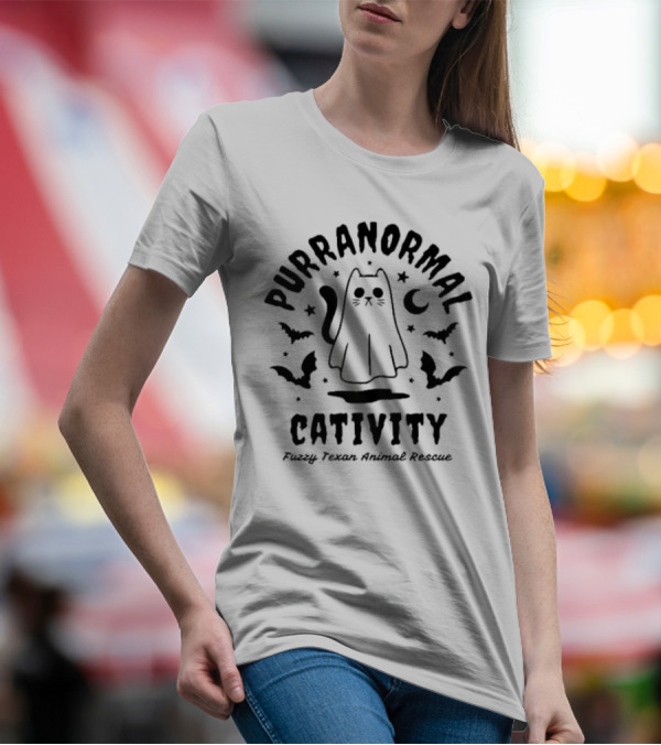 Purranormal Cativity Ghost Cat Halloween Fuzzy Texan Animal Rescue T-Shirt