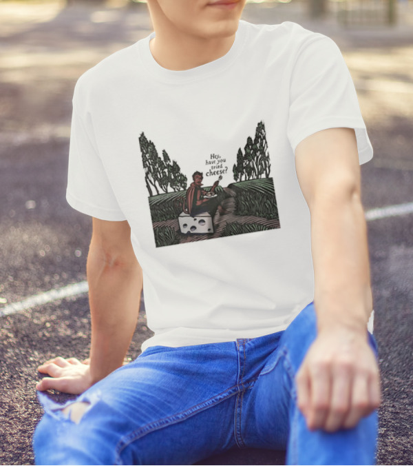 Devil Hey Have You Tried Cheese Sitting On Large Cheese Block In Countryside Scene T-Shirt