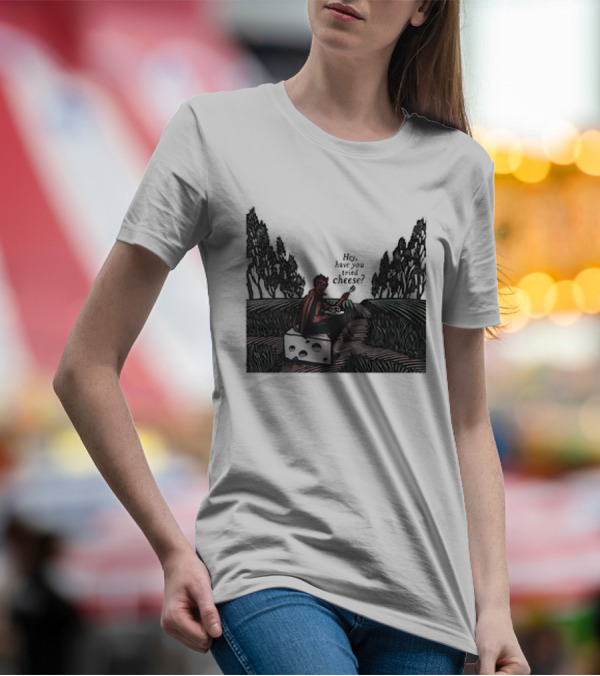 Devil Hey Have You Tried Cheese Sitting On Large Cheese Block In Countryside Scene T-Shirt