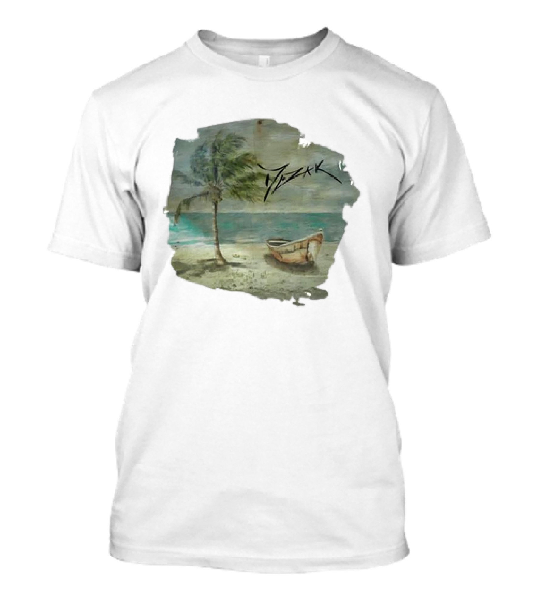 Mezak Art Tropical Beach Palm Tree And Boat Serenity T-Shirt