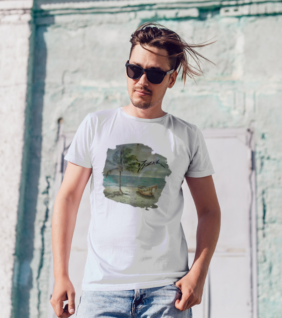 Mezak Art Tropical Beach Palm Tree And Boat Serenity T-Shirt
