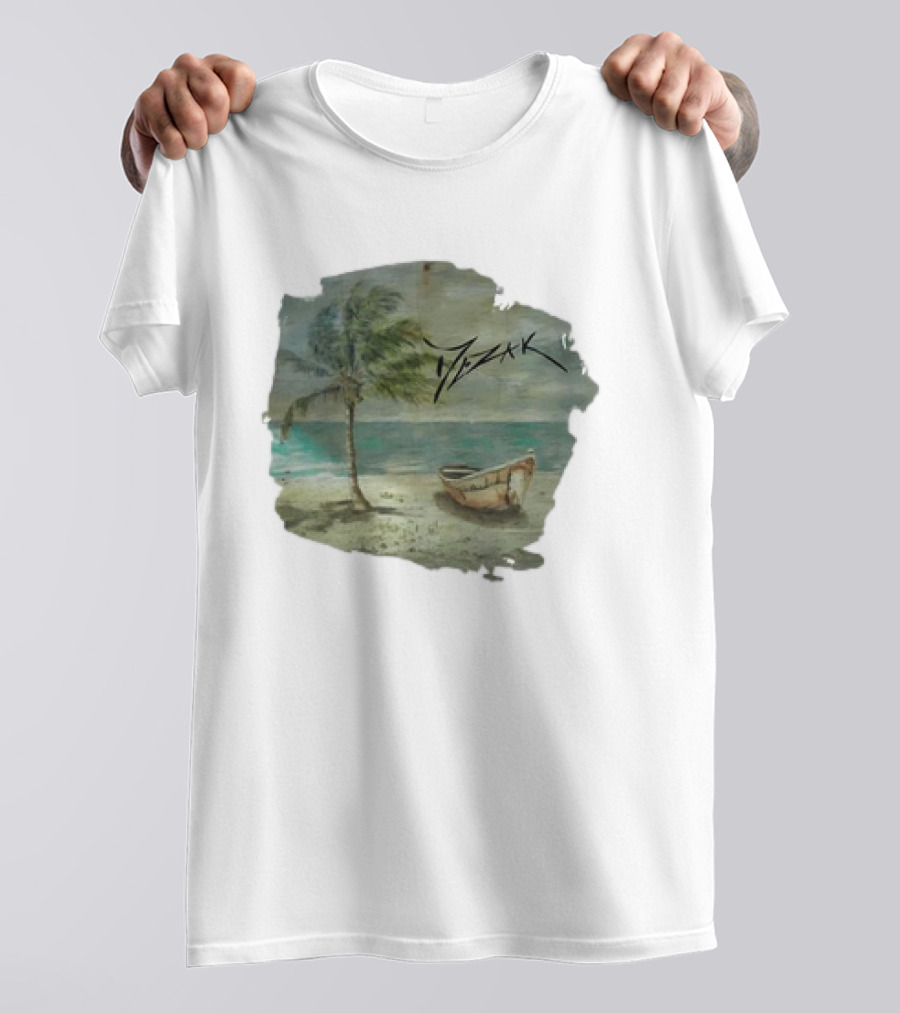 Mezak Art Tropical Beach Palm Tree And Boat Serenity T-Shirt