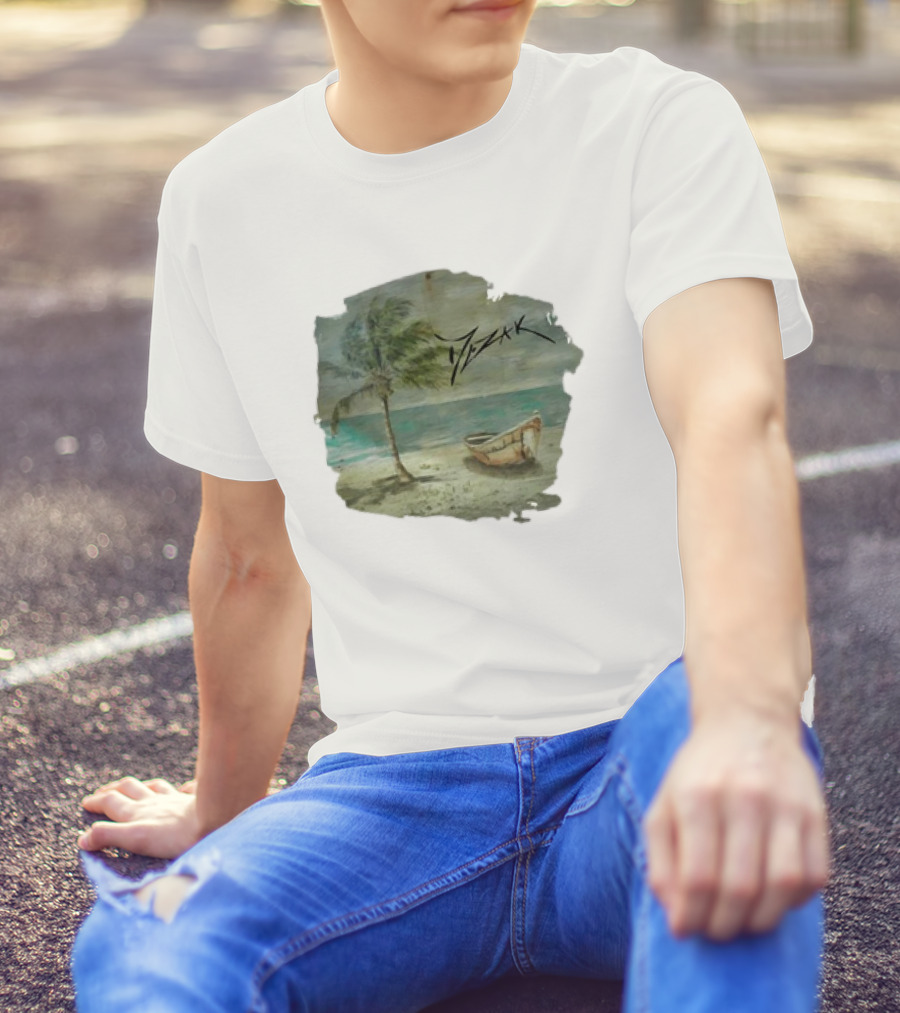 Mezak Art Tropical Beach Palm Tree And Boat Serenity T-Shirt