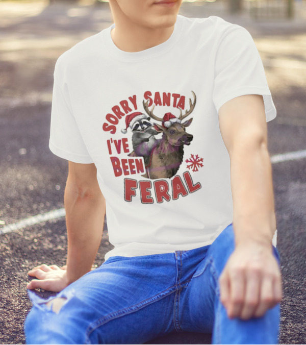 Sorry Santa I've Been Feral Raccoon Christmas Reindeer Santa Hat T-Shirt