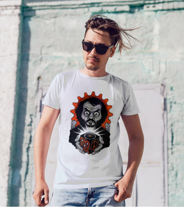 Stanley Kubrick Holding Glowing Cube With Orange Cogs And Geometric T-Shirt