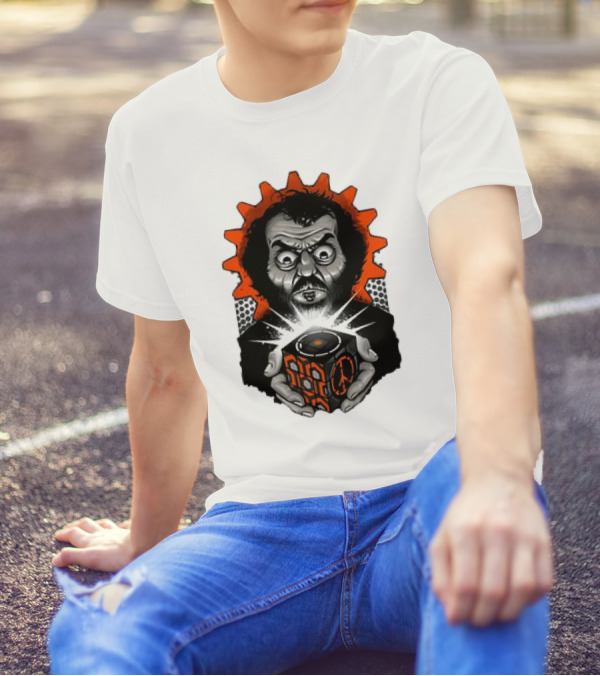 Stanley Kubrick Holding Glowing Cube With Orange Cogs And Geometric T-Shirt