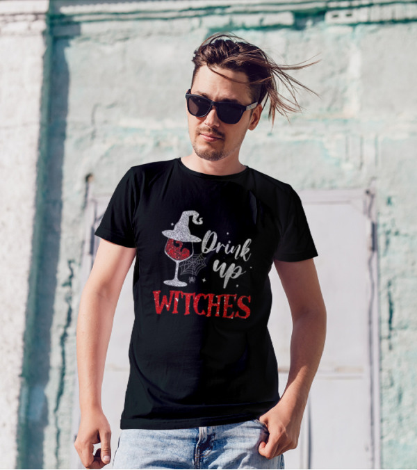 Drink Up Witches Halloween Glass Of Wine With Spider Web Hat T-Shirt