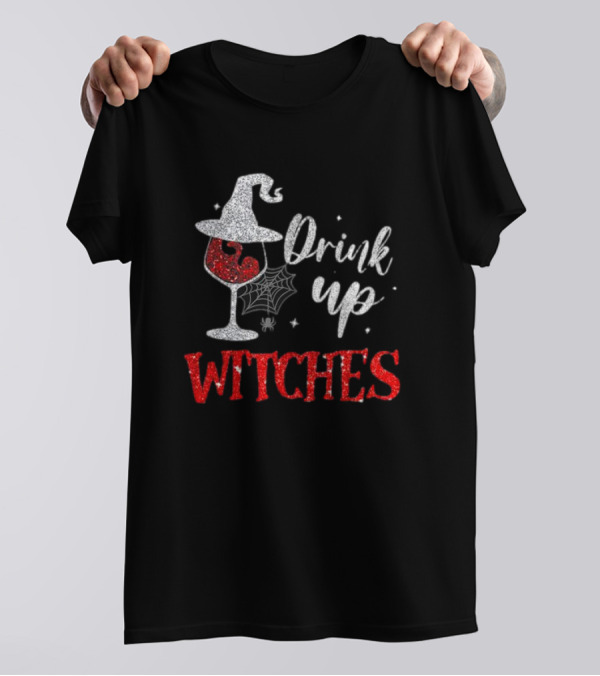 Drink Up Witches Halloween Glass Of Wine With Spider Web Hat T-Shirt