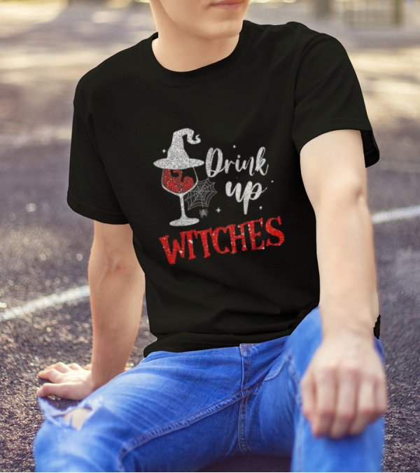 Drink Up Witches Halloween Glass Of Wine With Spider Web Hat T-Shirt