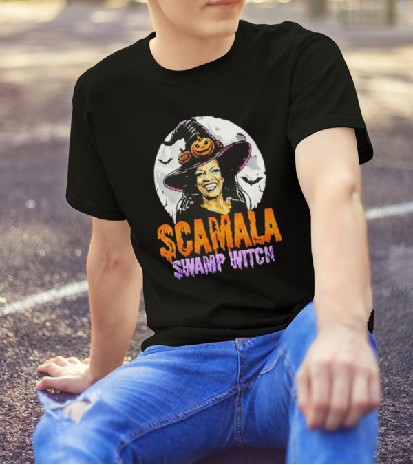 Scamala Swamp Witch Halloween Pumpkin Hat Moon Bats T-Shirt