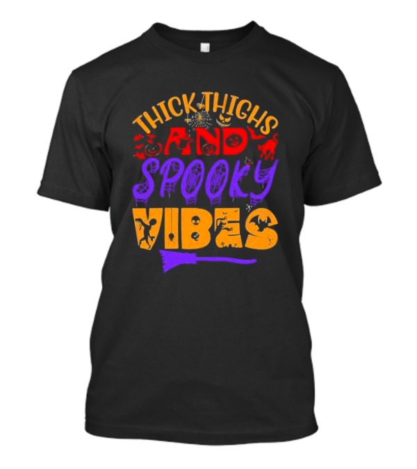 Thick Thighs And Spooky Vibes Halloween 2024 Witch Bats Pumpkins Cat T-Shirt