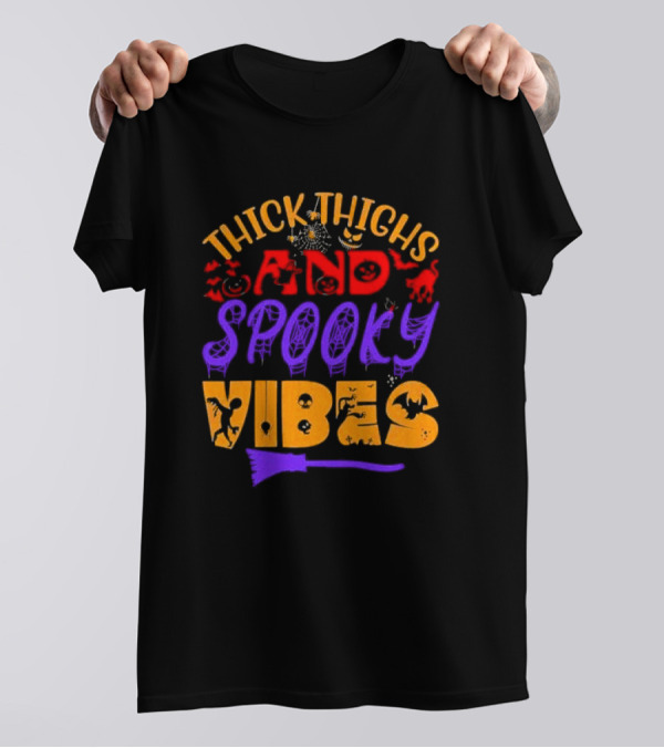 Thick Thighs And Spooky Vibes Halloween 2024 Witch Bats Pumpkins Cat T-Shirt