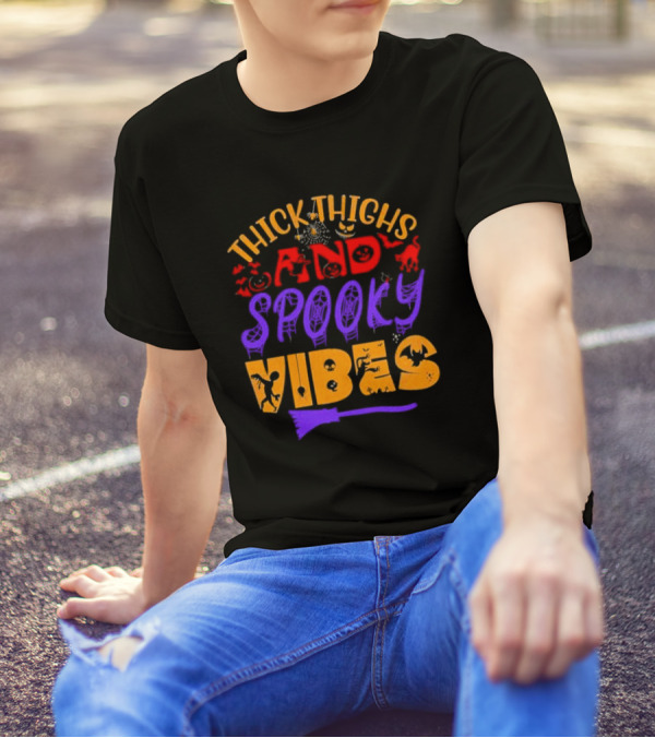 Thick Thighs And Spooky Vibes Halloween 2024 Witch Bats Pumpkins Cat T-Shirt