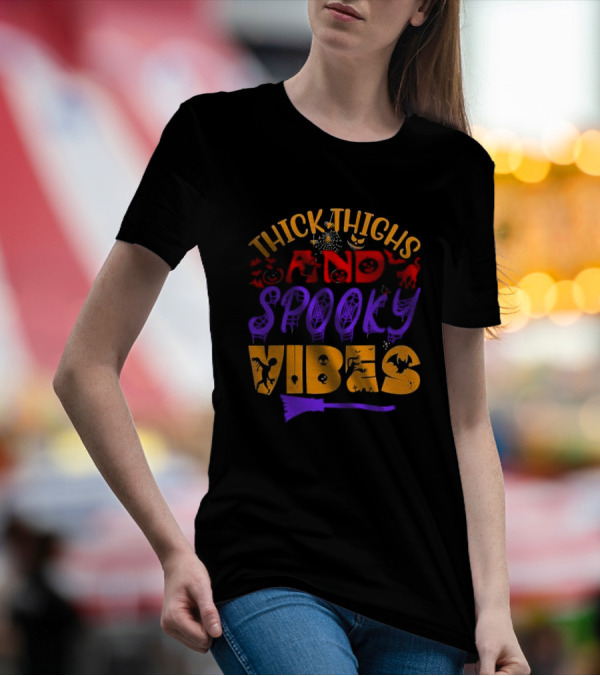 Thick Thighs And Spooky Vibes Halloween 2024 Witch Bats Pumpkins Cat T-Shirt