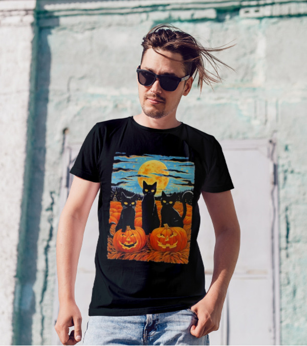 Black Cat Halloween Starry Night Pumpkin Van Gogh T-Shirt