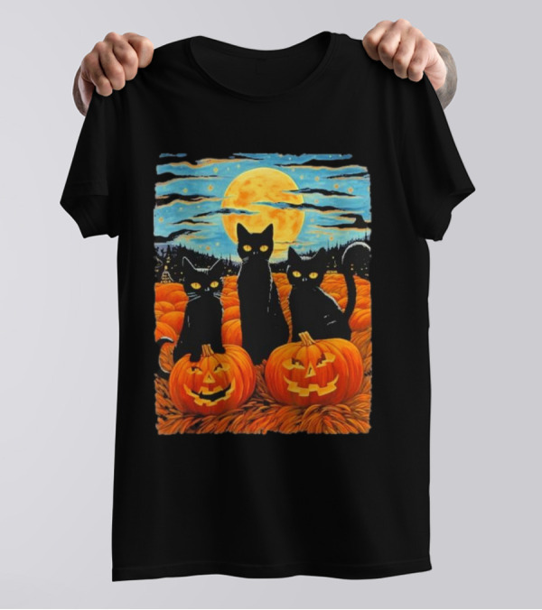 Black Cat Halloween Starry Night Pumpkin Van Gogh T-Shirt