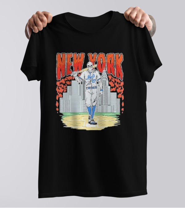 New York Mets Skull Reed Garrett Baseball Skyline T-Shirt