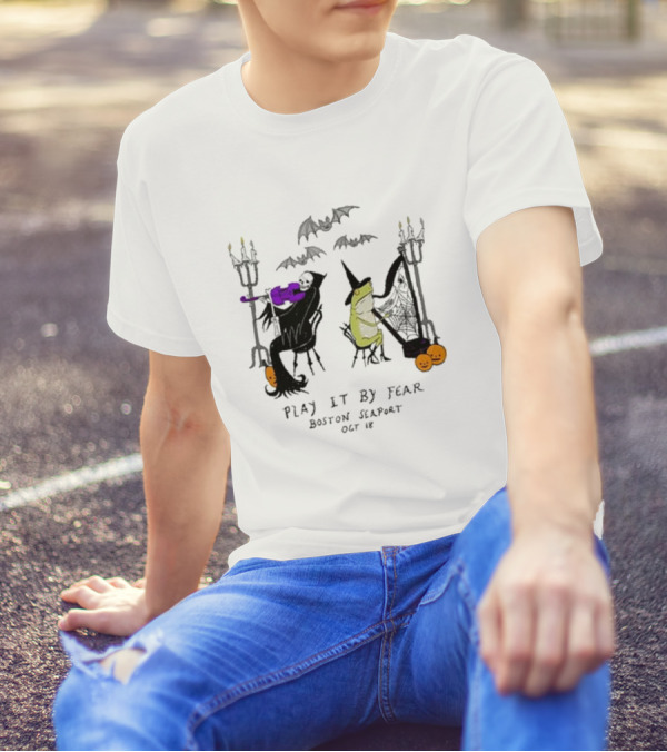 Bill Crisafi Skeleton And Witch Play It By Fear Event Boston Seaport October 18 Halloween T-Shirt