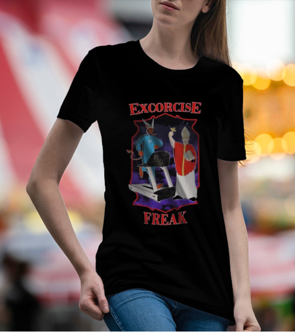 EXCORCISE FREAK Demon On Treadmill With Priest T-Shirt
