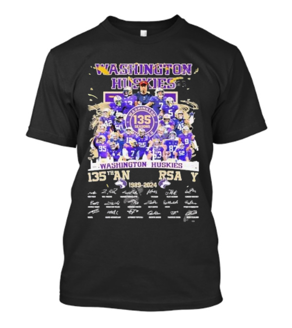 Washington Huskies 135 Seasons Anniversary 1989-2024 Team Signatures T-Shirt