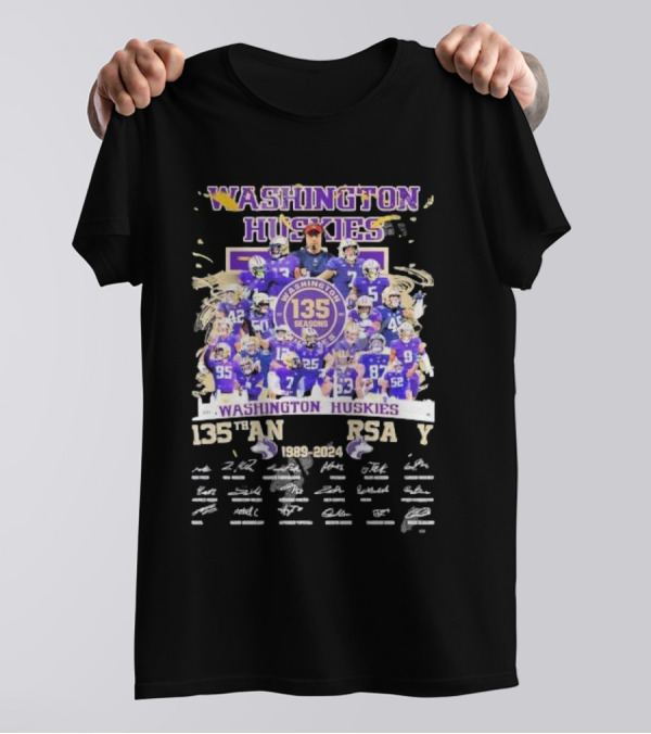 Washington Huskies 135 Seasons Anniversary 1989-2024 Team Signatures T-Shirt
