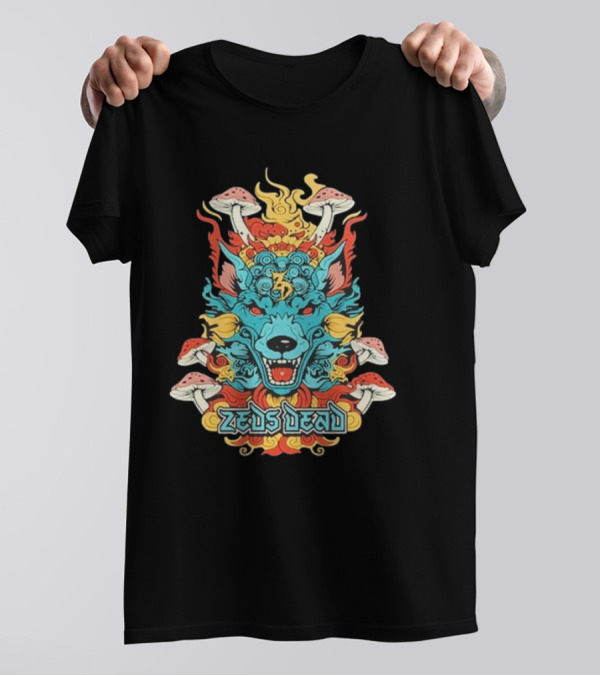 Zeds Dead Psychedelic Wolf And Mushrooms Imagery Navy T-Shirt
