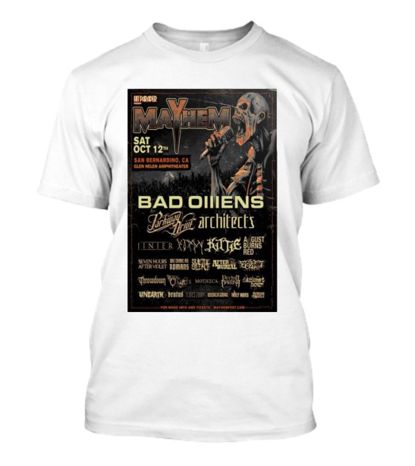 Bad Omens Mayhem San Bernardino CA Oct 12 2024 Glen Helen Amphitheater Lineup Featuring Parkway Drive Architects T-Shirt