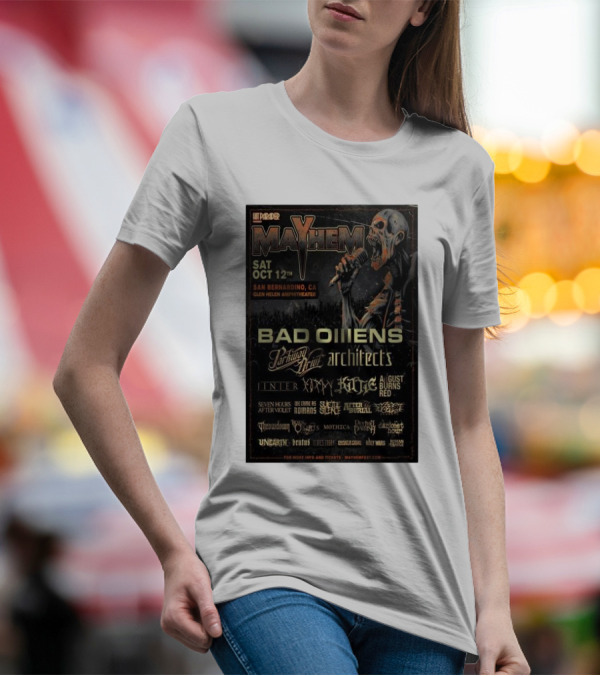 Bad Omens Mayhem San Bernardino CA Oct 12 2024 Glen Helen Amphitheater Lineup Featuring Parkway Drive Architects T-Shirt