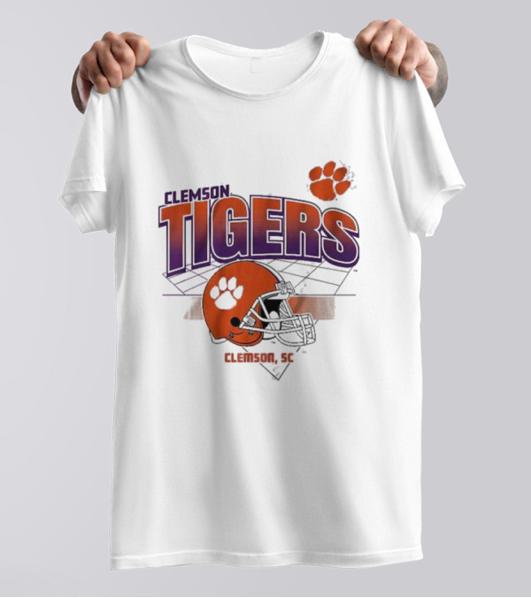 Clemson Tigers Football Helmet Logo Clemson SC Grid Paw Prints T-Shirt