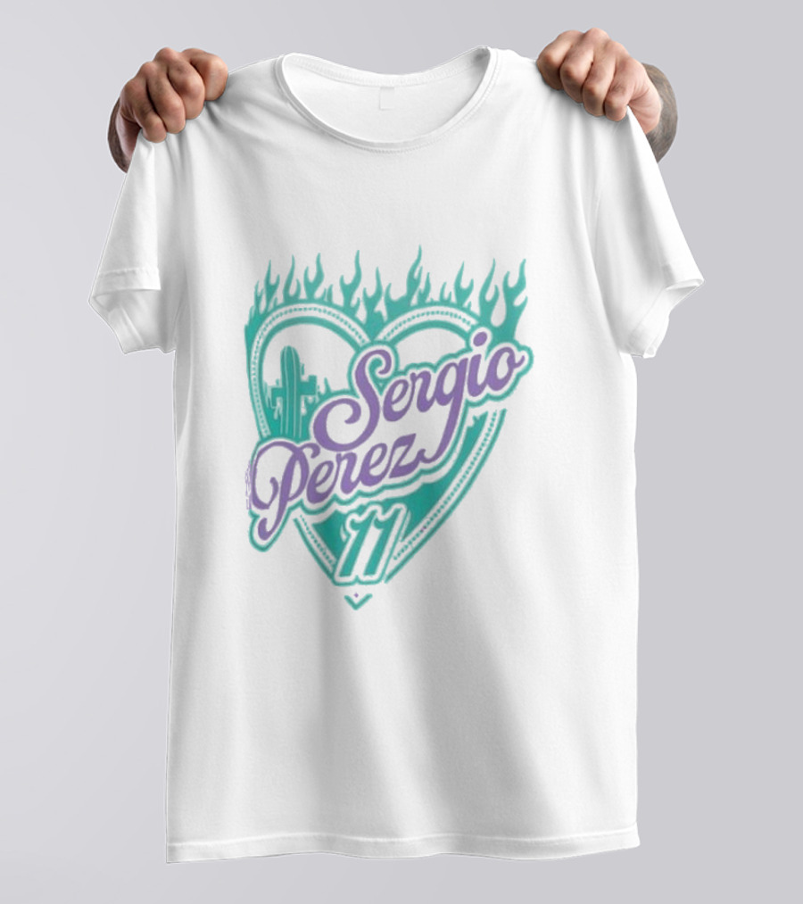 Sergio Perez 11 Red Bull Racing 2024 Mexico Grand Prix Heart Flames Cactus T-Shirt