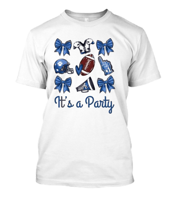 The Gameday Croquette It’s A Party 2024 Football Helmets Cheer Bows Megaphone Pom Pom Number One Foam Finger T-Shirt
