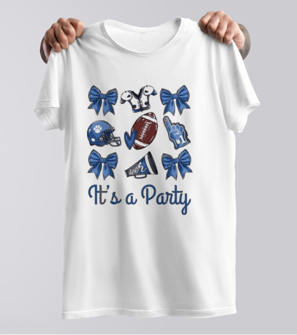 The Gameday Croquette It’s A Party 2024 Football Helmets Cheer Bows Megaphone Pom Pom Number One Foam Finger T-Shirt