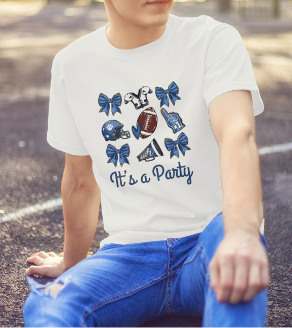 The Gameday Croquette It’s A Party 2024 Football Helmets Cheer Bows Megaphone Pom Pom Number One Foam Finger T-Shirt